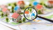 © Planetz - Searching for house lodging and property with magnifying glass. Hunt for new house or home, real estate loan, mortgage, investments and housing development concept