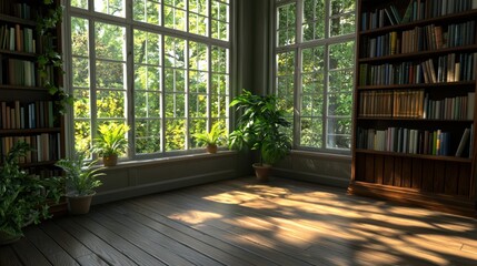 a library with books and plants.