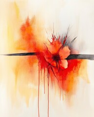 Poster - Fiery Floral Burst: A vibrant, abstract artistic representation of a red flower blooming, with textured brushstrokes and a dynamic composition. The petals and petals unfurl.