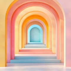 Poster - Pathway of Colors: A symmetrical, captivating composition of archways painted in a palette of soft pastels leads the eye into a depth of geometric design.