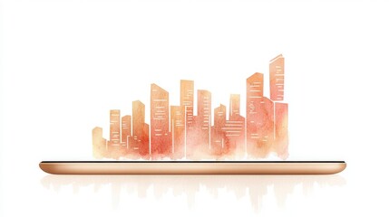 Poster - Cityscape in Digital Realm: A stylized cityscape, seemingly rendered in digital watercolor, floats above a sleek, gold-colored tablet, symbolizing technology and urban progress.