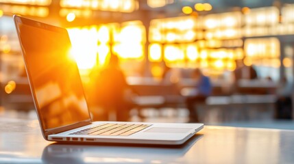 Aufkleber - Laptop on Desk with Glowing Sunlight Streaming Through Windows in Modern Workspace Setting