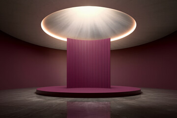 Poster - Circular podium and ribbed backdrop in a dark maroon room, illuminated by a ceiling light, showcasing a minimalist and elegant display space perfect for product presentation or advertisement