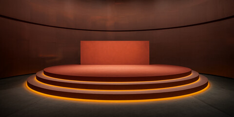 Poster - Three-tiered, round stage with orange backdrop, illuminated by warm light, ideal for product display or presentation, showcasing elegance and sophistication