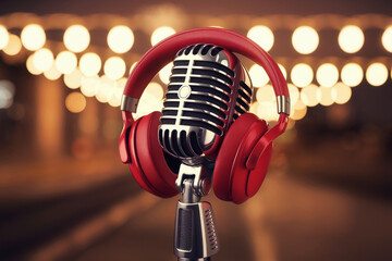 Poster - Retro microphone with red headphones, set against a blurred background of warm lights, suggesting a music or podcast theme, ideal for audio branding or entertainment content