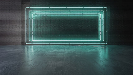 Poster - Neon teal rectangular frame on dark brick wall, showcasing blank space ideal for text or logo placement, creating a modern and stylish backdrop for advertisement or design