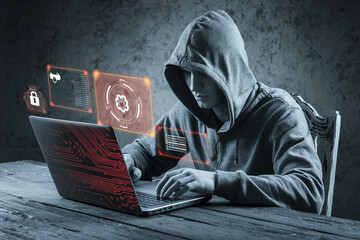 Poster - Hooded figure using laptop, surrounded by digital interface elements, showcasing cybersecurity, hacking, or data breach concept
