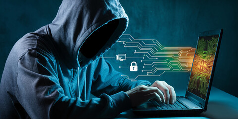 Poster - Hooded figure using laptop, digital circuit patterns displayed, symbolizing cybercrime, hacking, data security breach, or online theft