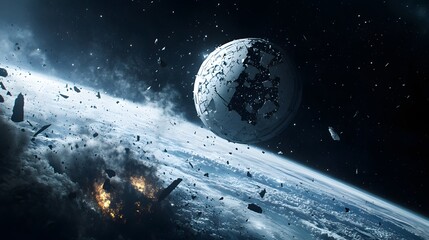 Poster - A futuristic space station orbiting the earth surrounded by stars highlighting humanity's aspirations in space exploration