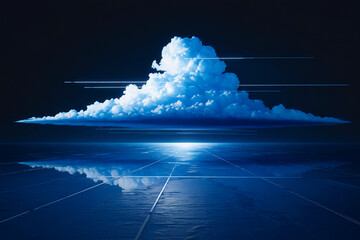 Poster - Blue cloud formation above a dark blue reflective surface with grid lines, showcasing a serene yet technological concept suitable for digital backgrounds or futuristic themes