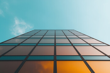 Poster - modern building with vibrant orange and blue glass panels against clear sky