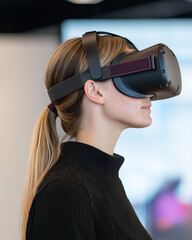 Poster - woman wearing VR goggles is immersed in virtual experience, showcasing modern technology