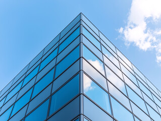 Poster - modern glass building corner reflects blue sky and clouds, creating sleek and minimalistic appearance