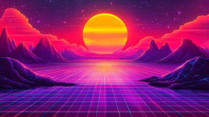 Poster - A breathtaking futuristic landscape showcasing majestic mountains against a stunning sunset in a cosmic style