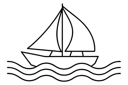 sailing boat with gentle waves in line art vector illustration