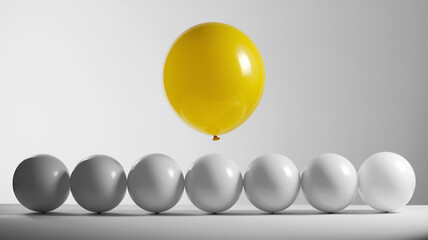 Poster - Yellow balloon floats above a row of white balloons, showcasing contrast and standing out, symbolizing uniqueness, leadership, or individuality