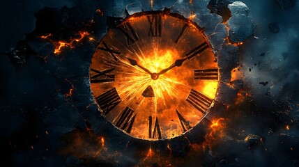 Poster - Striking clock set within the heart of a fiery blaze in a fantasy representation of time and fractured reality concepts