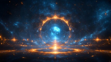 Poster - Vibrant blue and orange space scene captured in an abstract fractal depiction of celestial colors and cosmic artistry