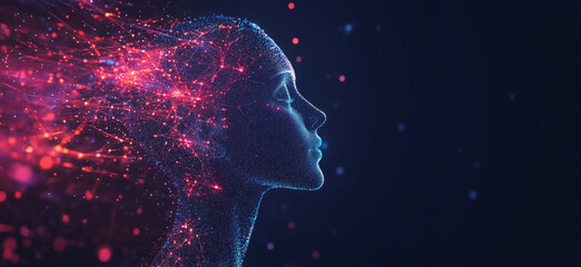 Poster - Digital human silhouette with glowing particles, representing artificial intelligence and creativity, vibrant colors, abstract background, copy space for text
