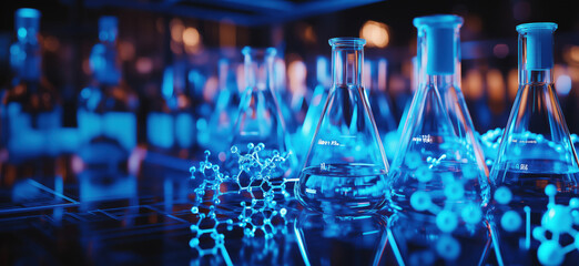 Poster - Laboratory glassware and molecular structures, vibrant blue lighting, scientific research environment, flasks and beakers, chemistry experiments, copy space for text