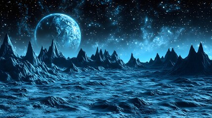 Poster - Majestic planet hovering in the vast sky surrounded by stars and cosmic elements in a futuristic scene