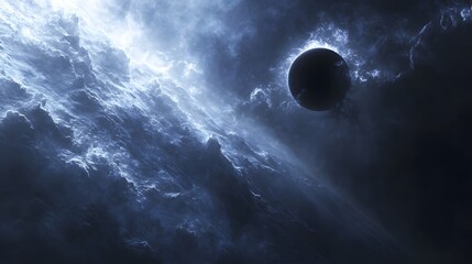 Poster - Distant planet suspended in the cosmic void surrounded by blackness and stars in a stunning artistic representation