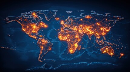 Poster - A glowing map of the world showcasing intricate networks of connections, illuminated by vibrant orange lines against a dark blue background.