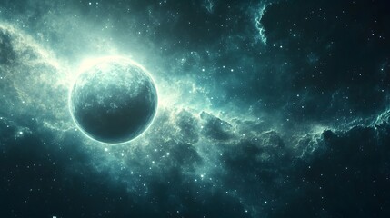 Poster - A planet suspended in the sky within a futuristic cosmic landscape filled with nebulae and celestial wonders