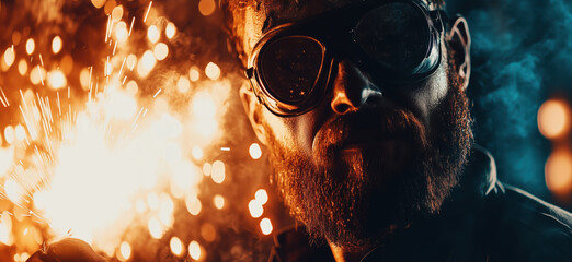 Poster - Intense portrait of a bearded man wearing protective goggles amidst sparks and smoke, showcasing a dramatic industrial atmosphere, copy space for text
