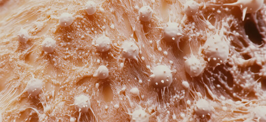 Poster - Microscopic view of skin texture showcasing sebaceous glands and hair follicles, highlighting cellular structures and oil production, copy space for text
