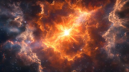 Poster - A colorful nebula with a distant star in the background set against a futuristic space scene of cosmic exploration