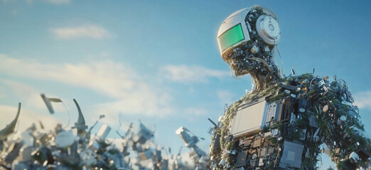Poster - Futuristic humanoid robot composed of electronic waste, surrounded by discarded technology, showcasing environmental themes and innovation, copy space for text