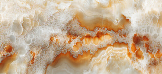 Poster - Abstract orange and white marble texture with bubbles and fluid patterns, showcasing natural stone design and elegance, copy space for text