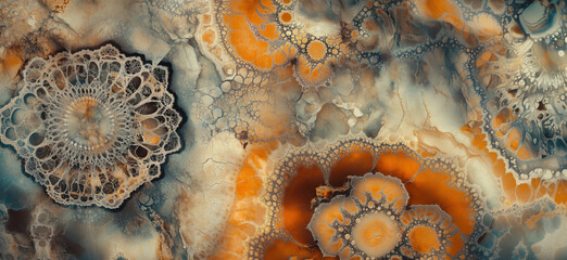 Poster - Abstract fluid art with intricate patterns and vibrant orange hues, showcasing organic shapes and textures, copy space for text