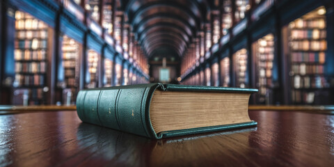 Poster - Green leather-bound book on dark wood table, library bookshelf background, showcasing knowledge, education, and history, ideal for academic or literary concepts