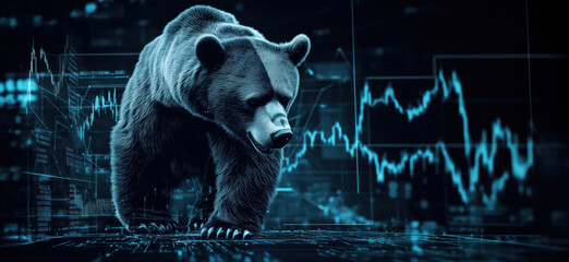 Poster - Bear Market Symbolism with Realistic Bear Walking on Financial Graphs and Data Visualizations, copy space for text