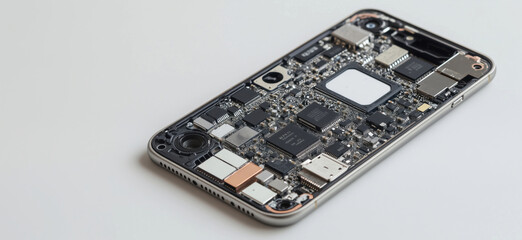 Poster - Smartphone motherboard showcasing intricate circuitry, chips, and components, highlighting technology and design, copy space for text