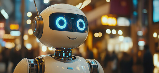 Poster - Friendly humanoid robot with glowing blue eyes in bustling urban environment, showcasing advanced technology and human-like features, copy space for text