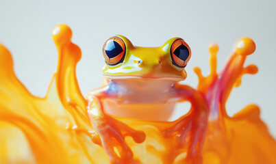 Poster - Vibrant orange splash with colorful frog, showcasing vivid colors and intricate details of amphibian features