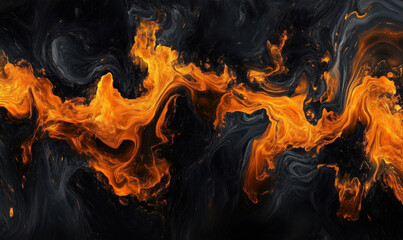 Poster - Abstract fiery orange and black fluid art, swirling patterns resembling molten lava, dynamic movement, vibrant colors, high contrast, artistic expression
