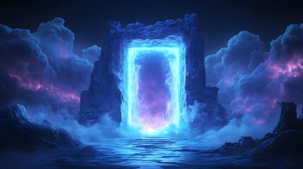 Poster - Enigmatic waterfall cascading against a deep blue sky evoking mystery and the beauty of nature?s elements