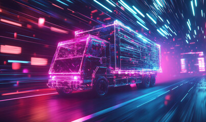 Poster - Futuristic neon truck speeding through digital landscape, vibrant colors, glowing lights, motion blur, cyberpunk aesthetic