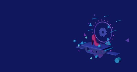 Poster - Pink High heel shoe symbol on a pedestal of abstract geometric shapes floating in the air. Abstract concept art with flying shapes on the right. 3d illustration on indigo background