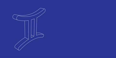 Poster - The outline of a large zodiac gemini symbol made of white lines on the left. 3D view of the object in perspective. Vector illustration on indigo background
