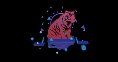 Poster - Red sitting tiger symbol on a pedestal of abstract geometric shapes floating in the air. Abstract concept art with flying shapes in the center. 3d illustration on black background