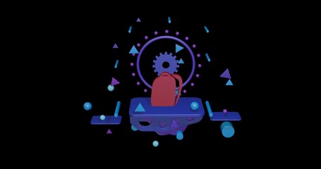 Poster - Red school bag symbol on a pedestal of abstract geometric shapes floating in the air. Abstract concept art with flying shapes in the center. 3d illustration on black background