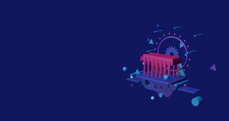 Poster - Pink integrated circuit symbol on a pedestal of abstract geometric shapes floating in the air. Abstract concept art with flying shapes on the right. 3d illustration on indigo background