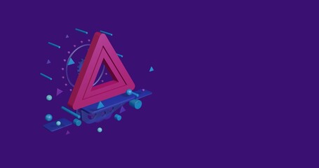 Poster - Pink emergency stop sign on a pedestal of abstract geometric shapes floating in the air. Abstract concept art with flying shapes on the left. 3d illustration on deep purple background