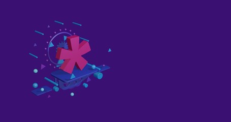 Poster - Pink multiply symbol on a pedestal of abstract geometric shapes floating in the air. Abstract concept art with flying shapes on the left. 3d illustration on deep purple background
