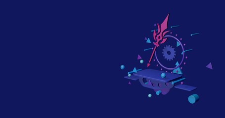Poster - Pink mystical Spear symbol on a pedestal of abstract geometric shapes floating in the air. Abstract concept art with flying shapes on the right. 3d illustration on indigo background